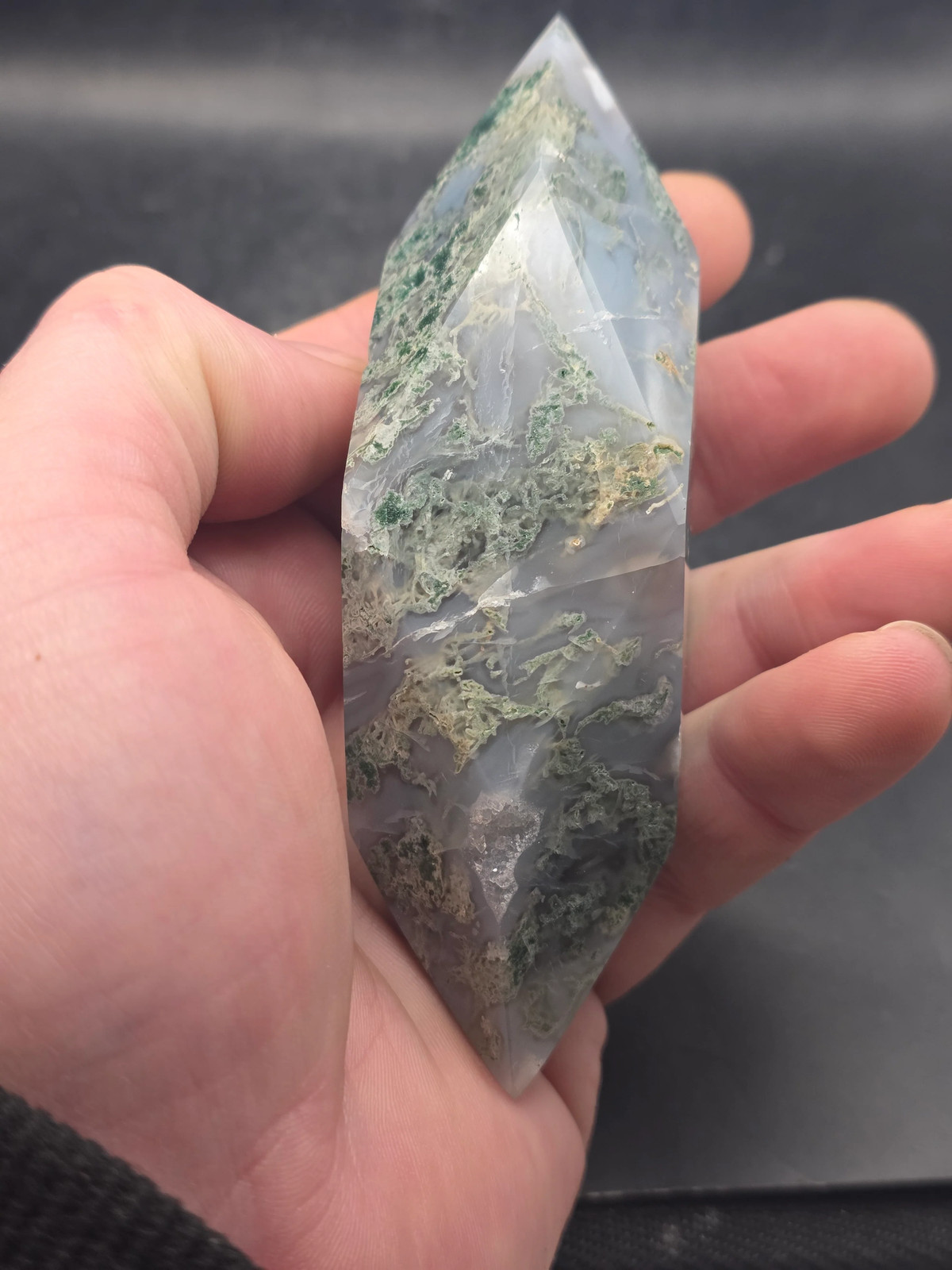 Druzy Moss agate prism! 4.6 inches long, 7 ounces