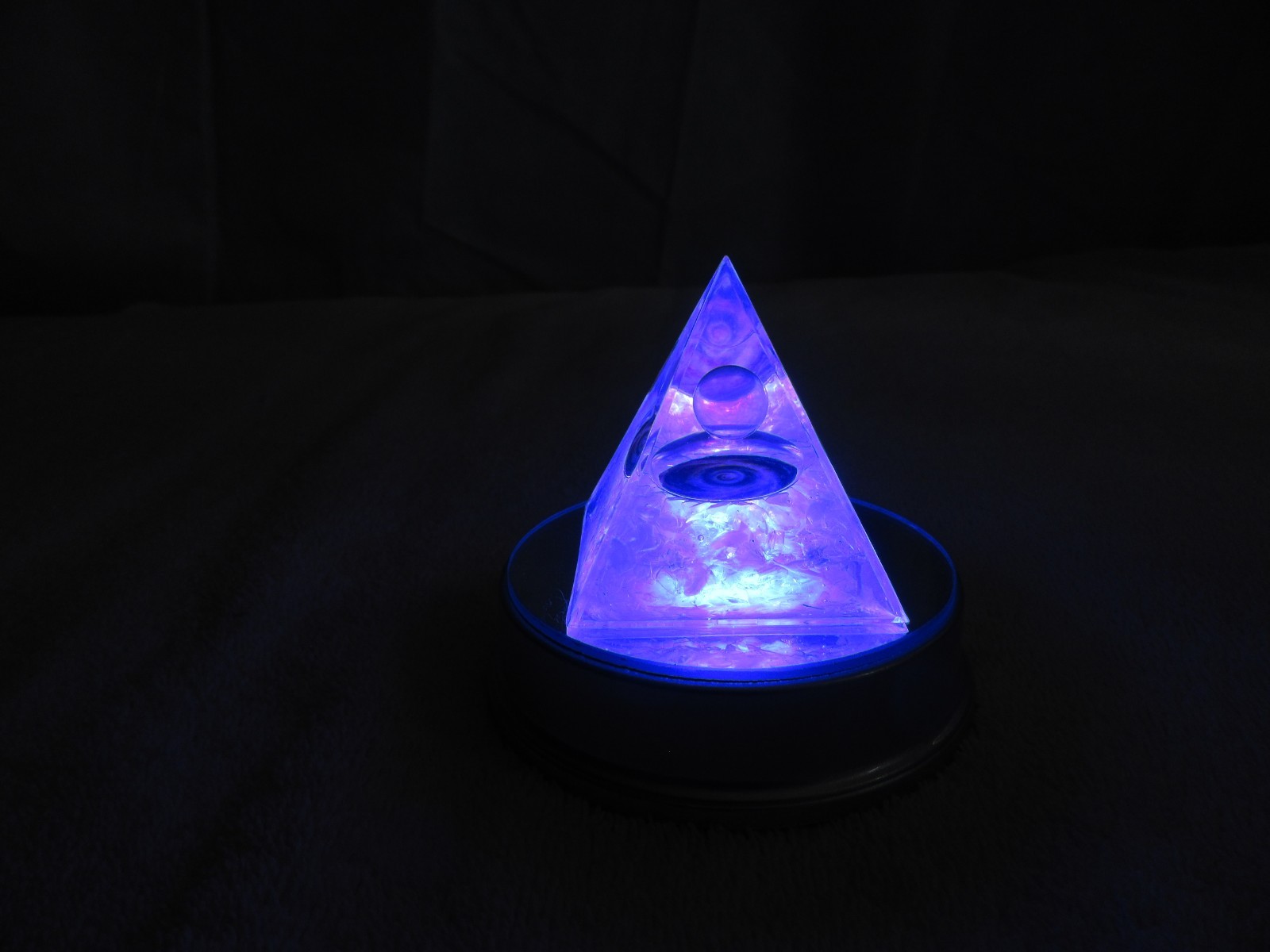 Orgone Pyramid (2) white w/color cntr & 1 white pearl cntr 1 color lighted base.