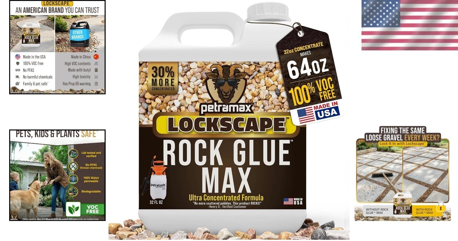 Max Rock Glue 32oz – Pet Safe, Fast Drying Landscape Adhesive for Gravel & Rocks