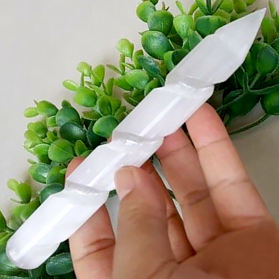 Selenite Crystal Massage Wand ” Spiral Polished Smooth Round & Point Tip CHARGED