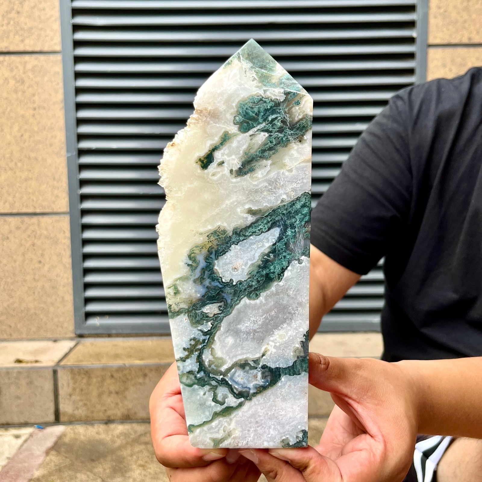2.7 lb Moss Agate Point Green Crystal Tower Easter Gift Home Office Display