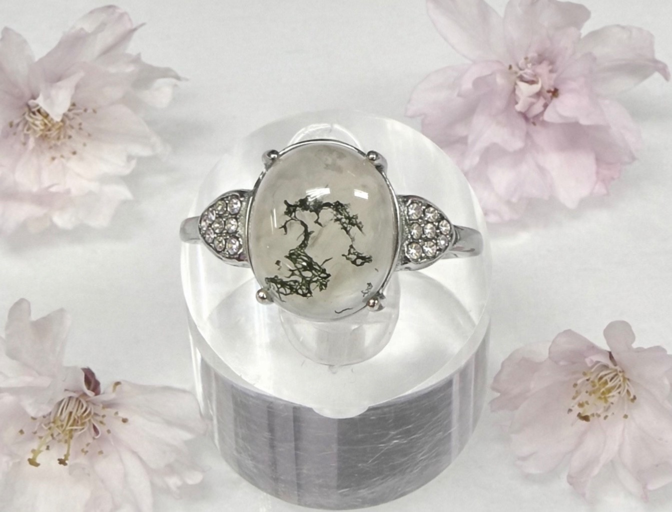 Wholesale 7 Pcs Natural Moss Agate Stainless Steel Rings(316) Crystal 10x12mm