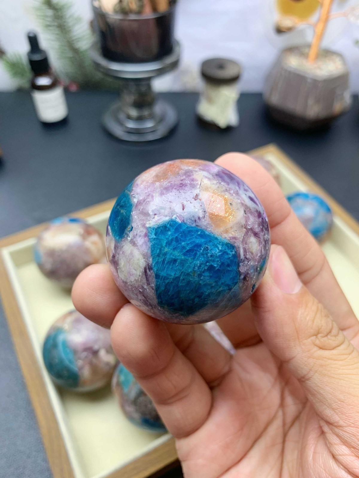 Composite Crystal Sphere 5cm, Apatite Sunstone Purple Mica with Wooden Stand