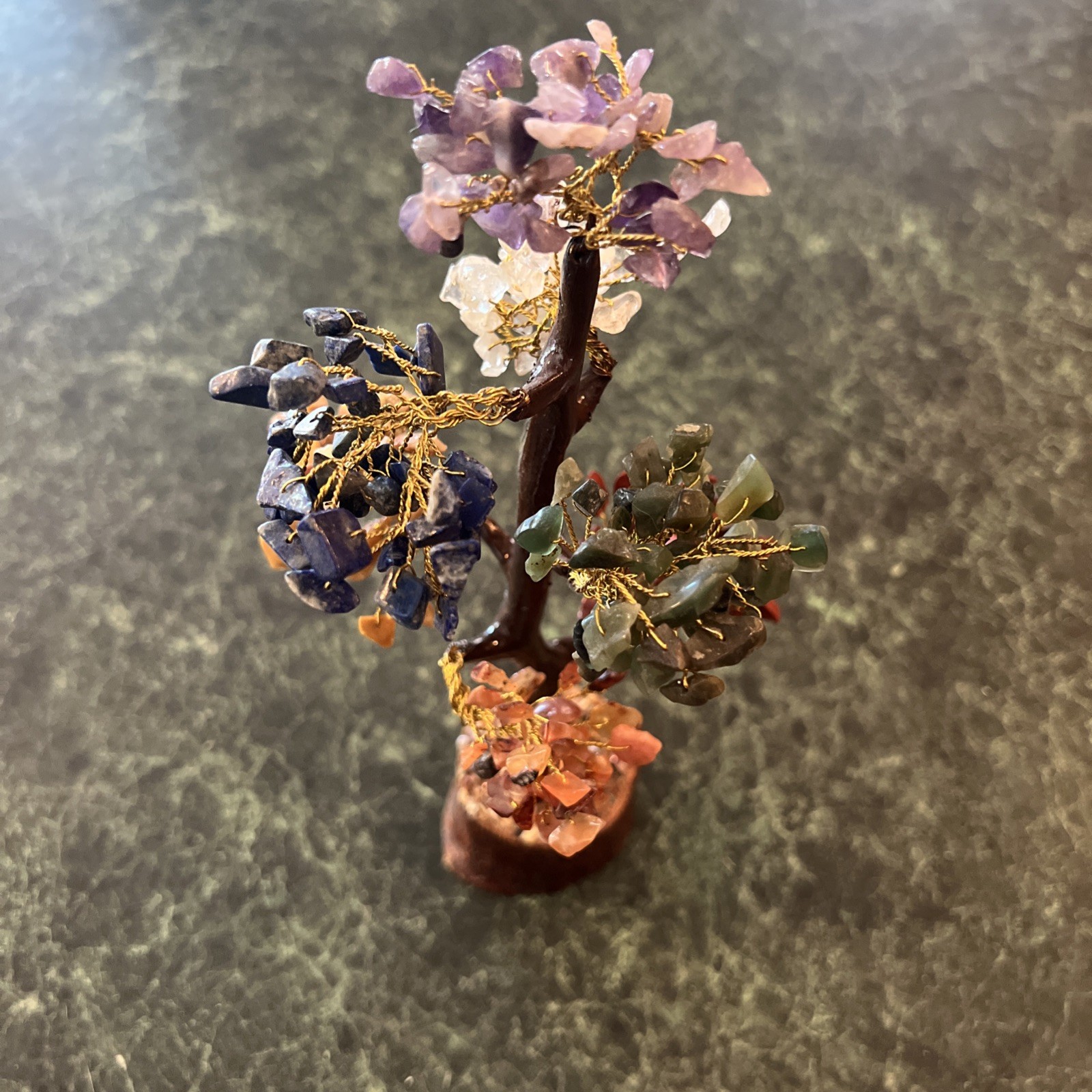 Vintage Handmade Wired Semi-precious Stone Tree Figurine Lapis Jade Crystal Wood
