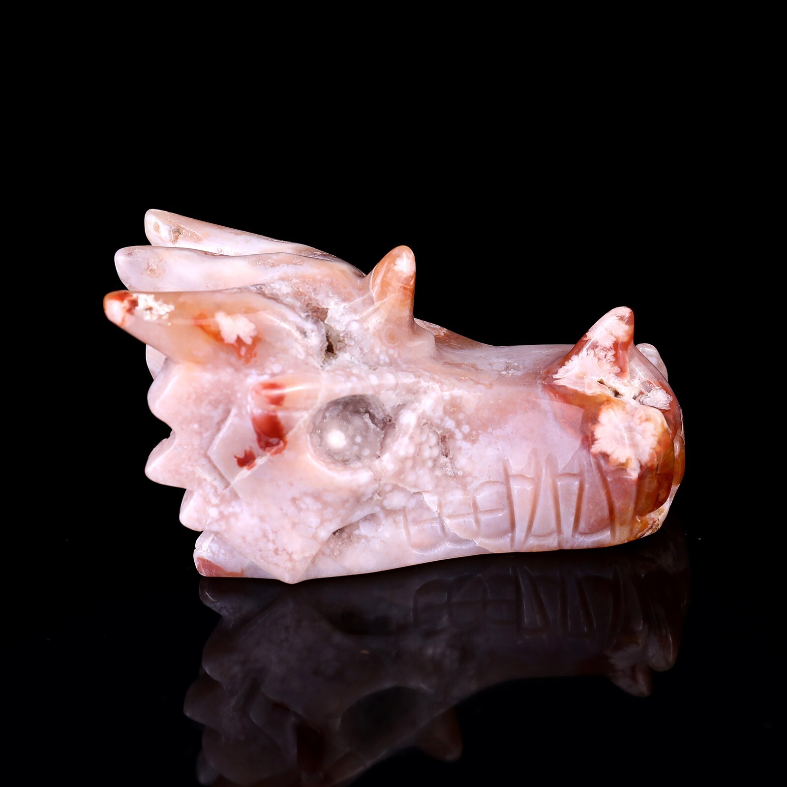 4.2″ Sakura Agate Carved Dragon Skull Sculpture Crystal Healing Carving Decor
