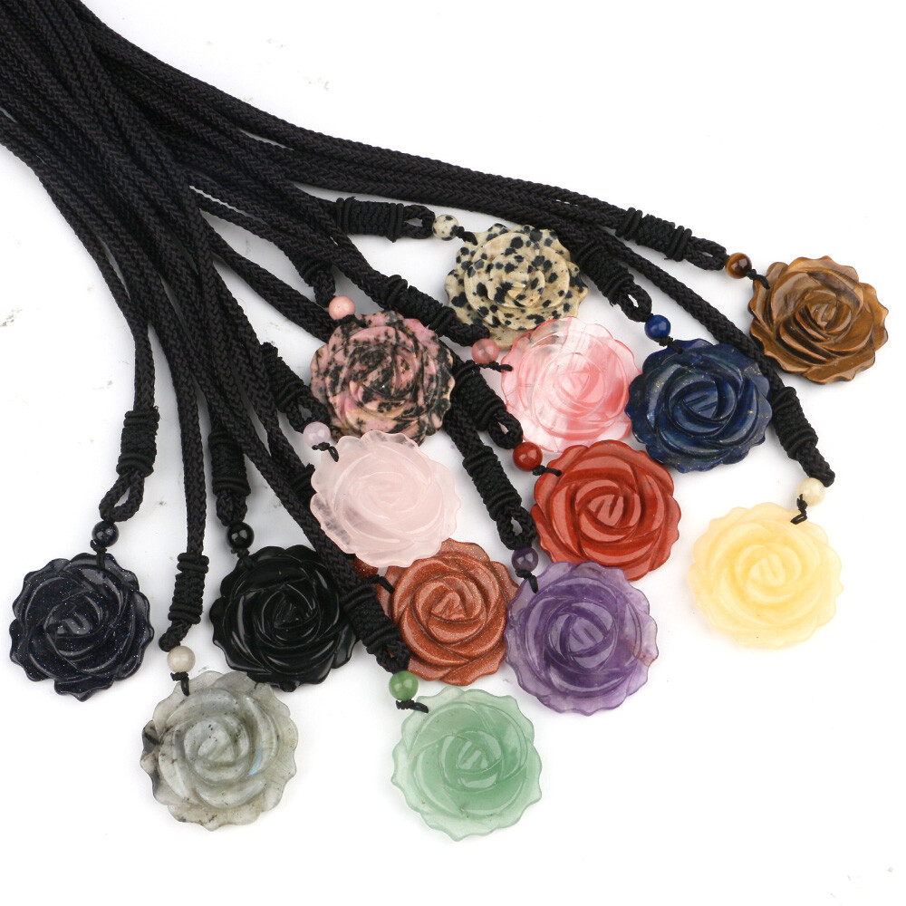 Natural 35mm Crystal Carved Rose Flower Necklace Gemstone Reiki Pendant Charm