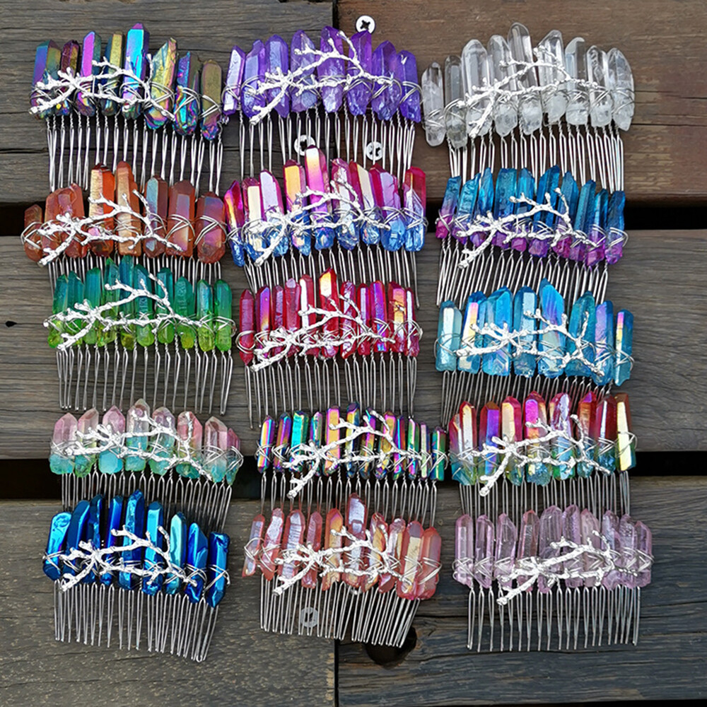 Women Natural Crystal Quartz Hair Comb Headdress Branches Wired Stone 20 teeth