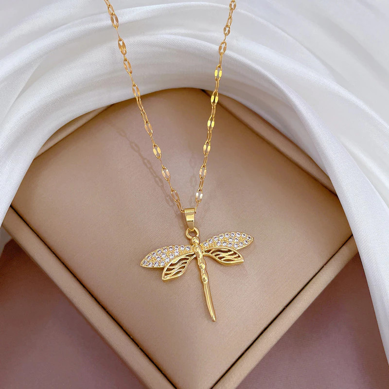 Women’s Fashion Jewelry Gold Cubic Zircon Dragonfly Pendant Necklace Gift 1PC