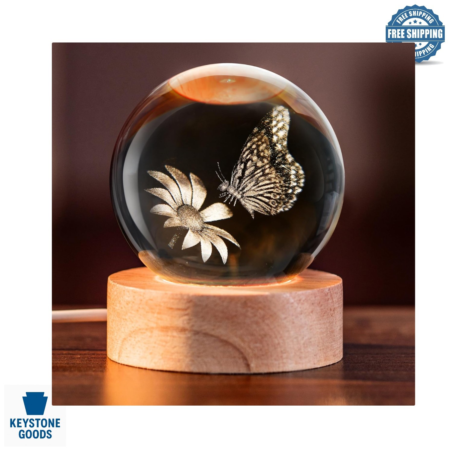 3D Butterfly & Sunflower Crystal Globe Night Light – Elegant Decorative Gift