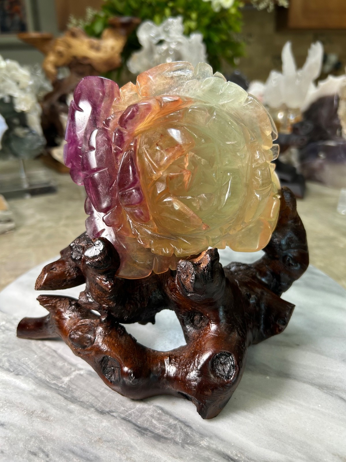 Candy Fluorite Crystal flower rose Carving on wood branch stand