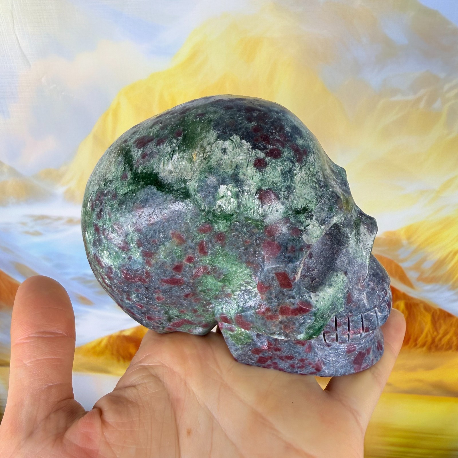 1016g Natural Ruby Sapphire Emerald Crystal Skull Mineral Healing