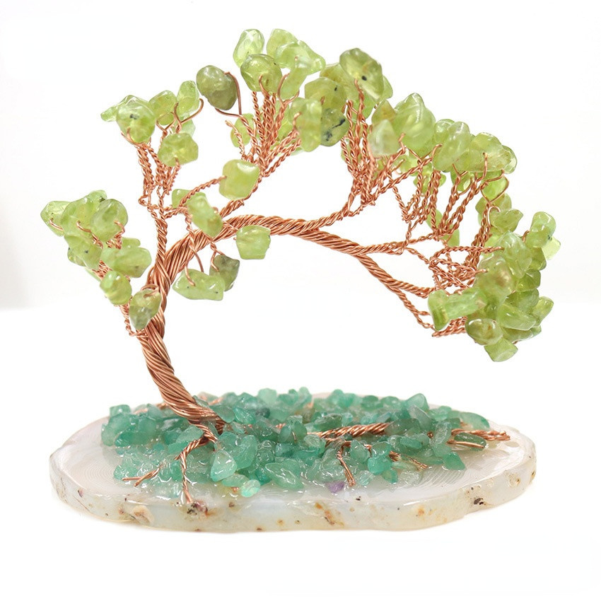 Natural Crystal Tumbled Stones Tree of Life Ornament, Reiki Healing Money
