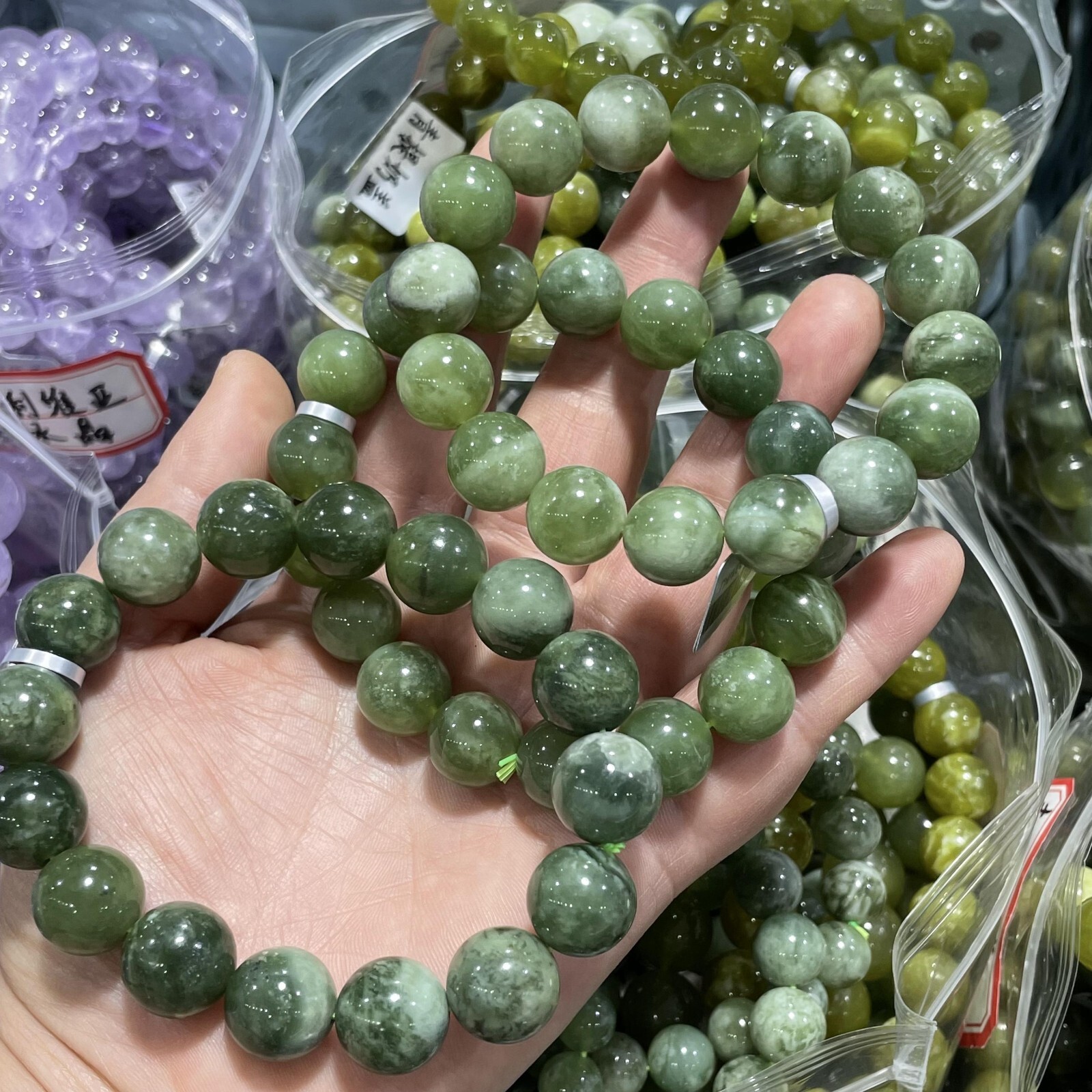 1 string Natural green jade round smooth bead elastic rope bracelet