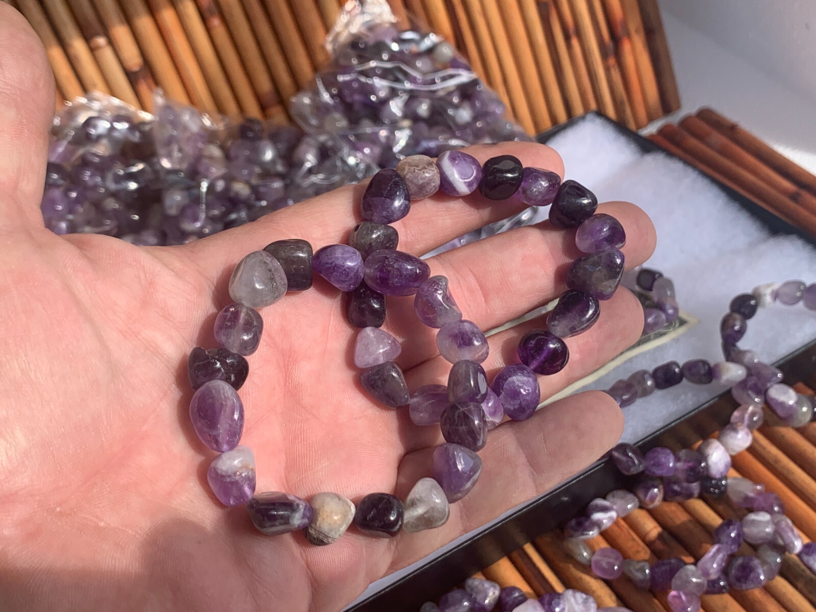 50 Amethyst Tumbled Stone Bracelets Wholesale Lot, Stretch Cord, Healing Jewelry