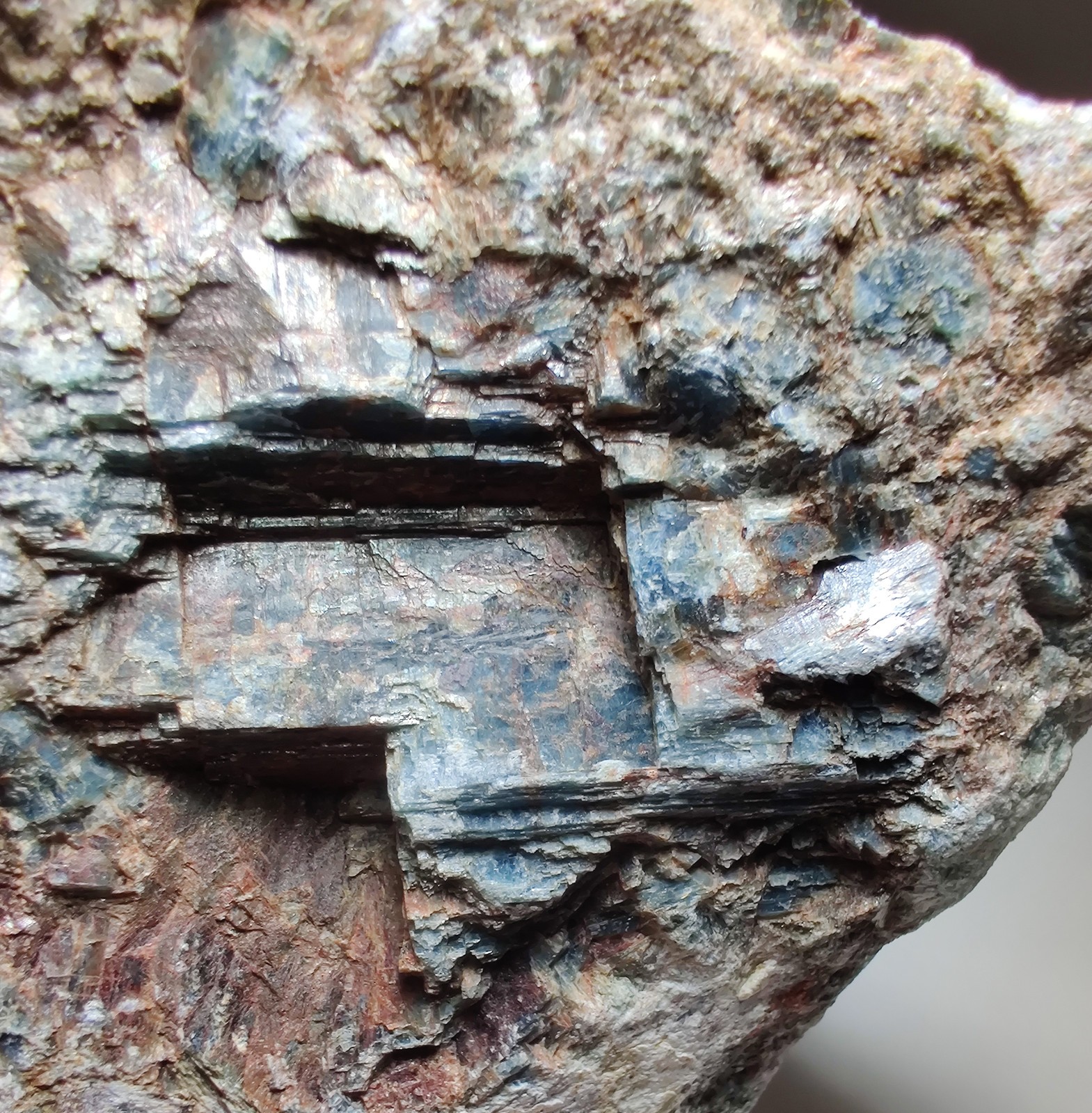 Ruby with large Kyanite crystals, UV. Mysore, Kamataka, India. 720 grams.