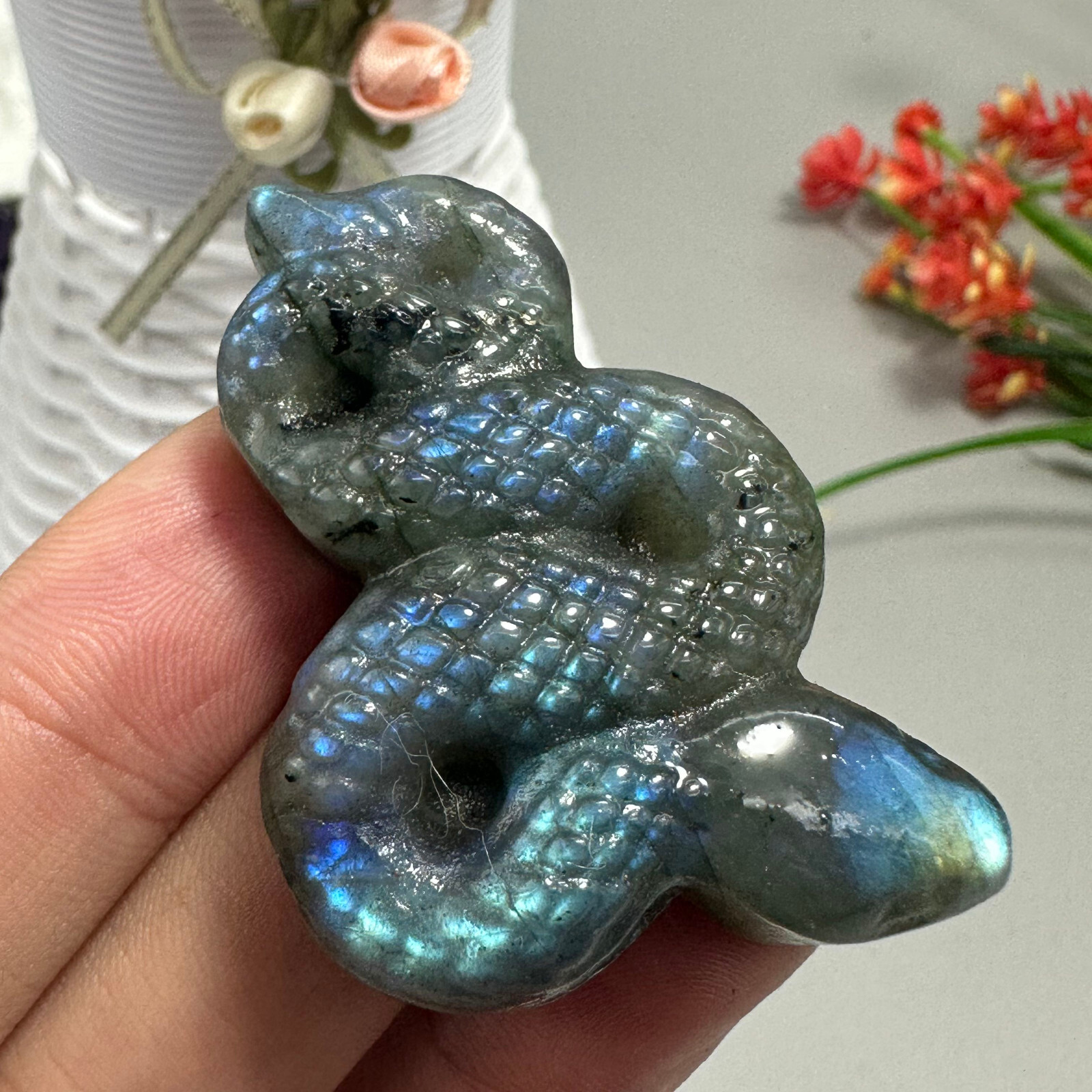 Natural Labradorite Carved Snake Quartz Skull Crystal Specimen Reiki Healing 1pc
