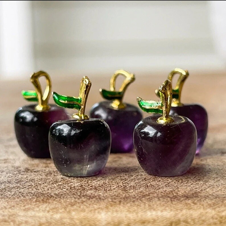 Fluorite Small Apple Gold tone Charm , Crystal Purple Fruit Mini Pendant