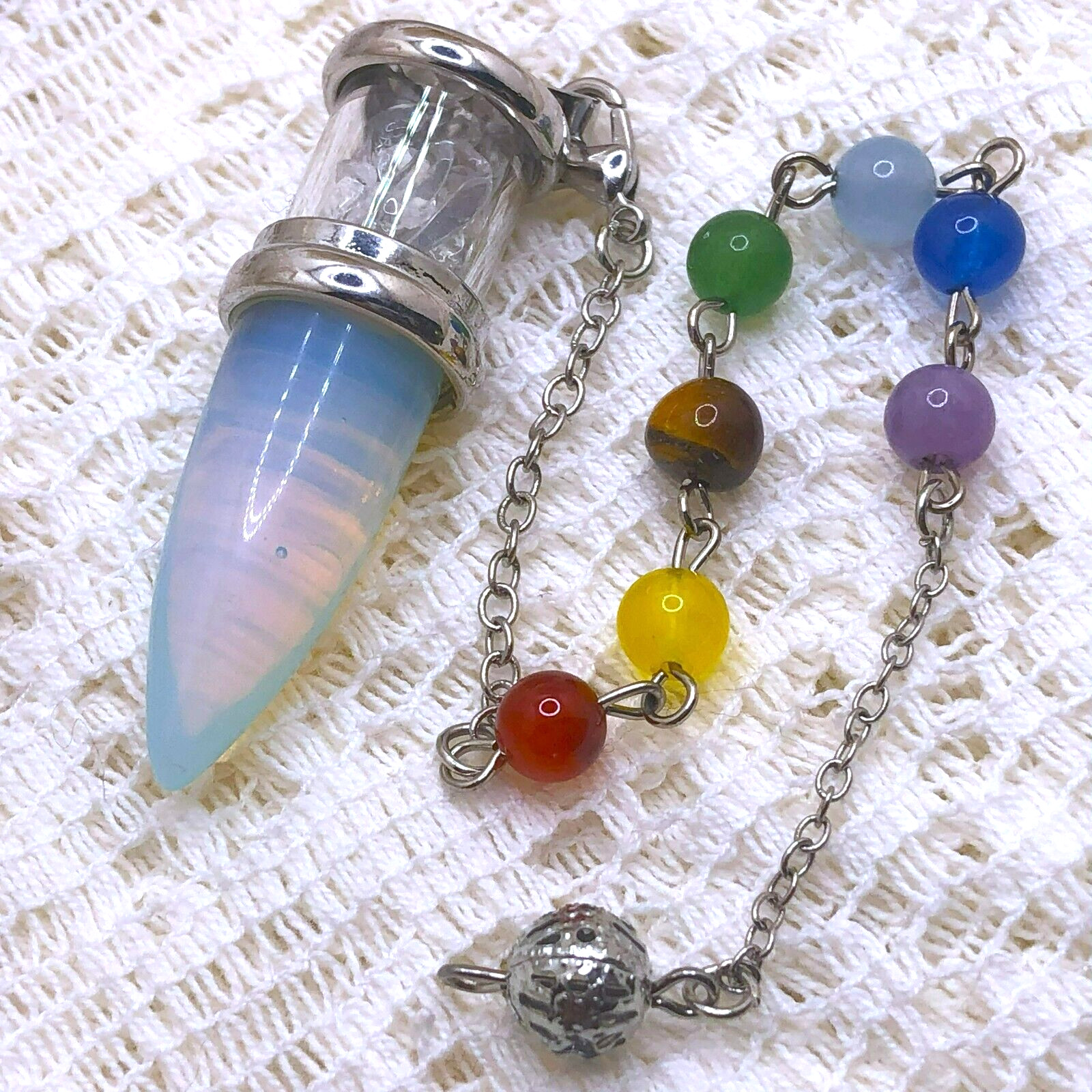 SEVEN Chakra Stones – DIVINING PENDULUM – Opal Agate & Rock Crystal (#08)