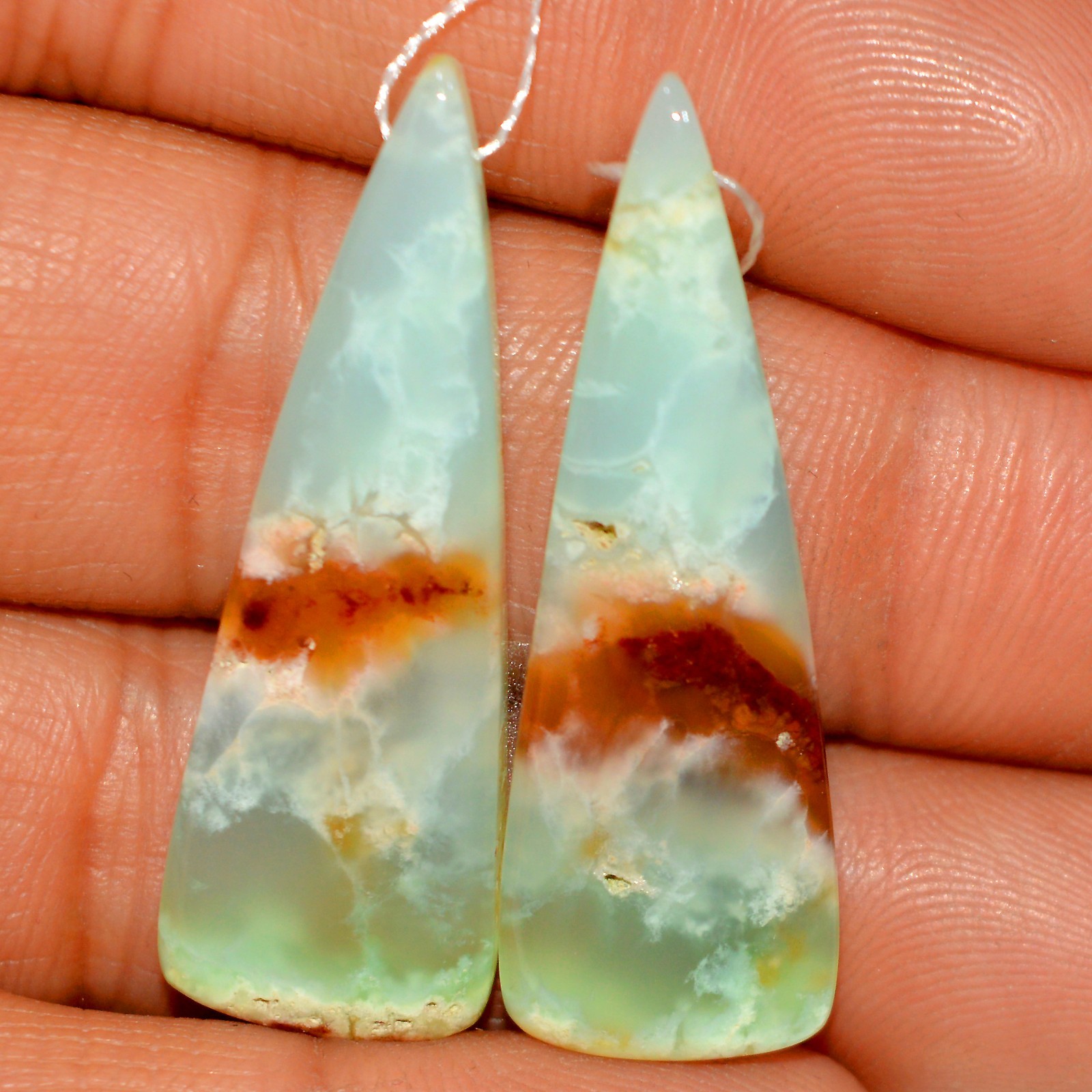 42 Cts Natural Green Chrysoprase Cabochon Gemstone Side Drill Pair 38x12mm #P359