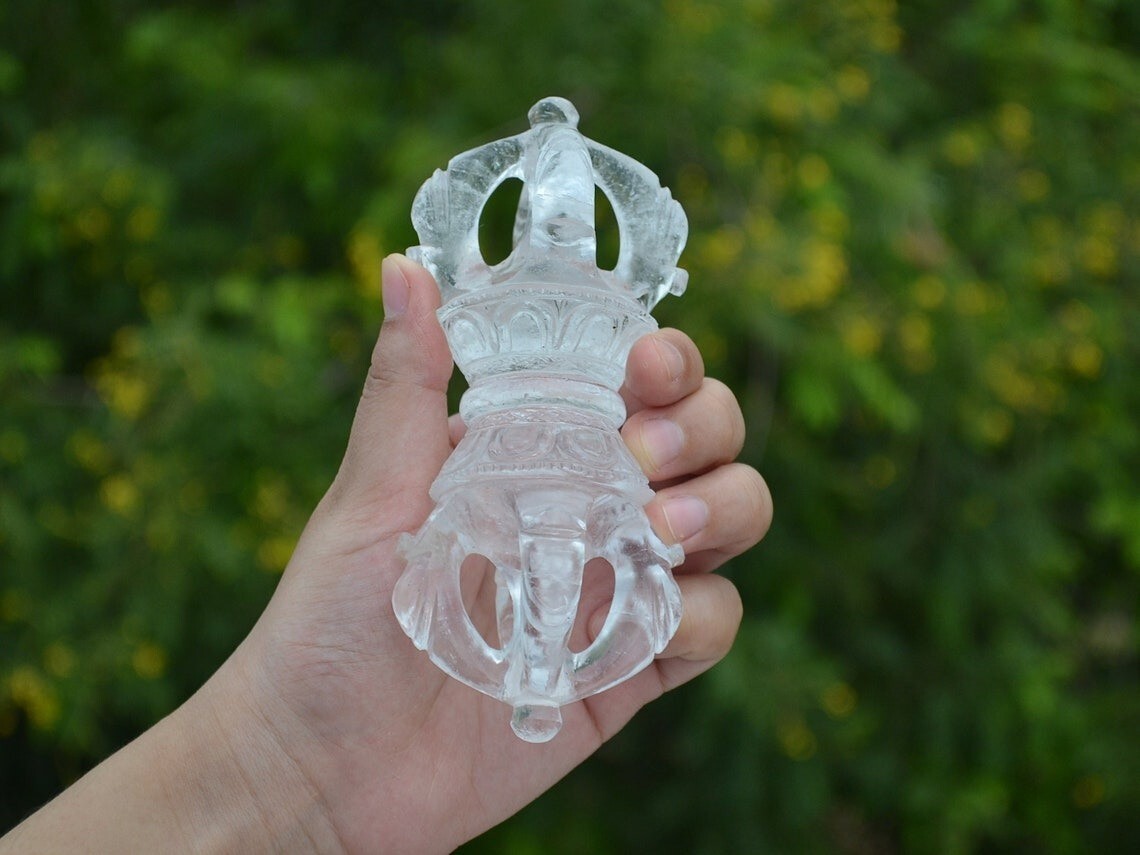 Clear Quartz Dorje | Vajra | Handcarved Dorje in Clear Quartz | Quartz Carving