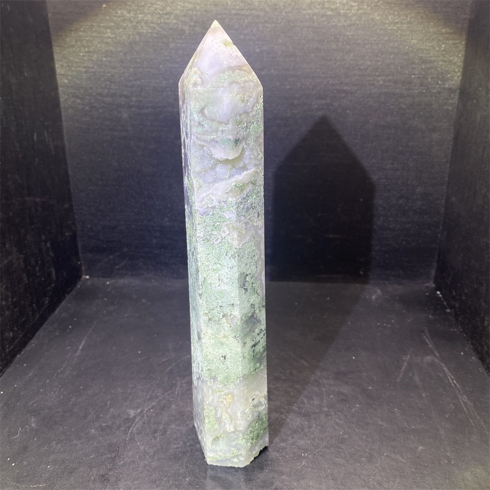 1.8LB 9.9″Natural A+Geode Moss Agate Obelisk Crystal Tower Quartz Reiki Decor