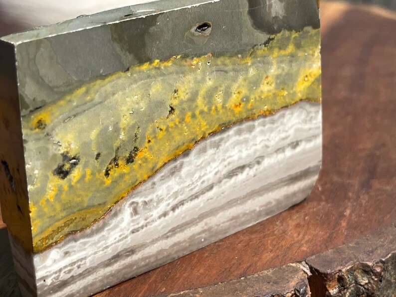 Natural Bumblebee Jasper Slab With Raw Edge Lapidary Stone Yellow Grey Crystal