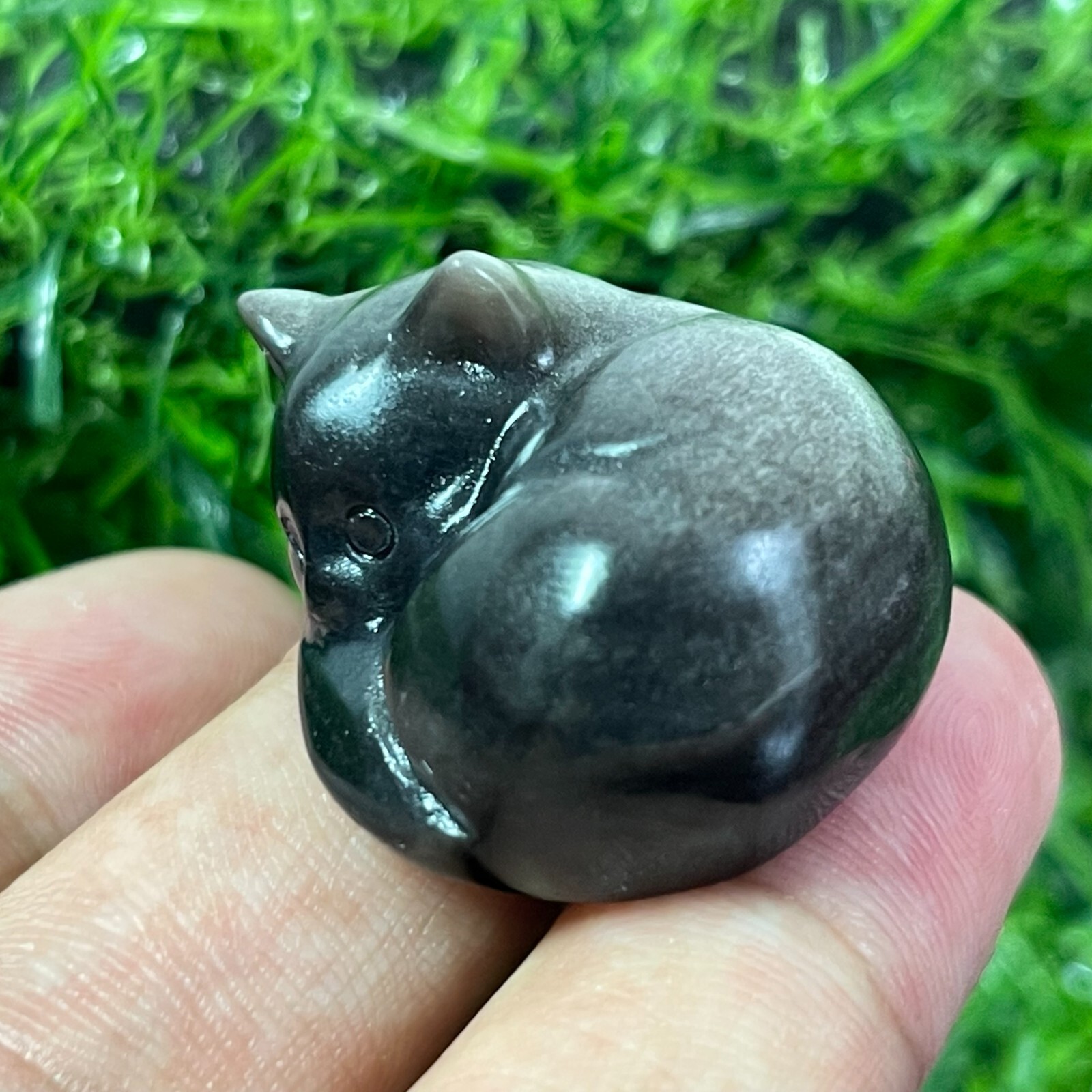 2pc Natural silver obsidian Quartz hand Carved Crystal sleeping cat Healing 1.2″