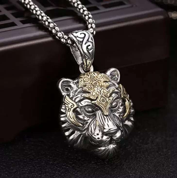 Men’s Fashion Jewelry Silver Tiger Head Pendant Necklace 1PC