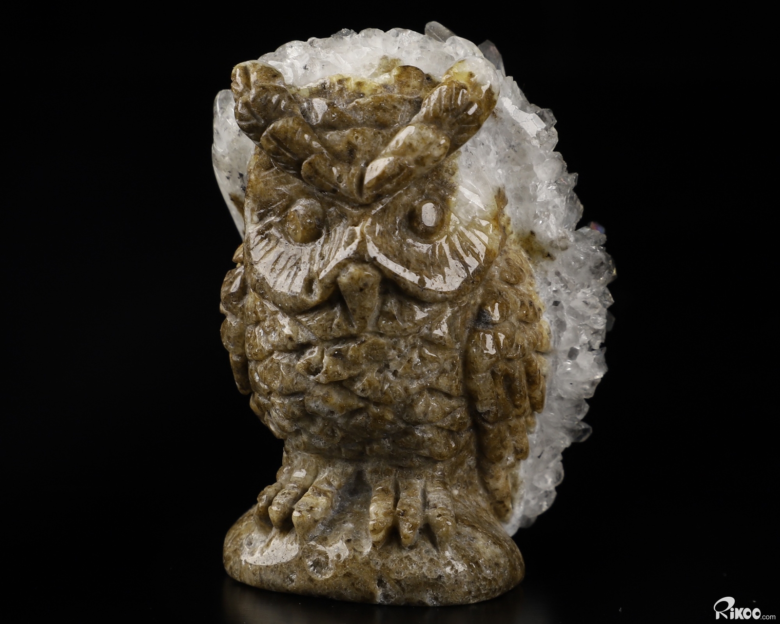 2.1″ Quartz rock druse Hand Carved Crystal Owl Sculpture, Crystal Healing