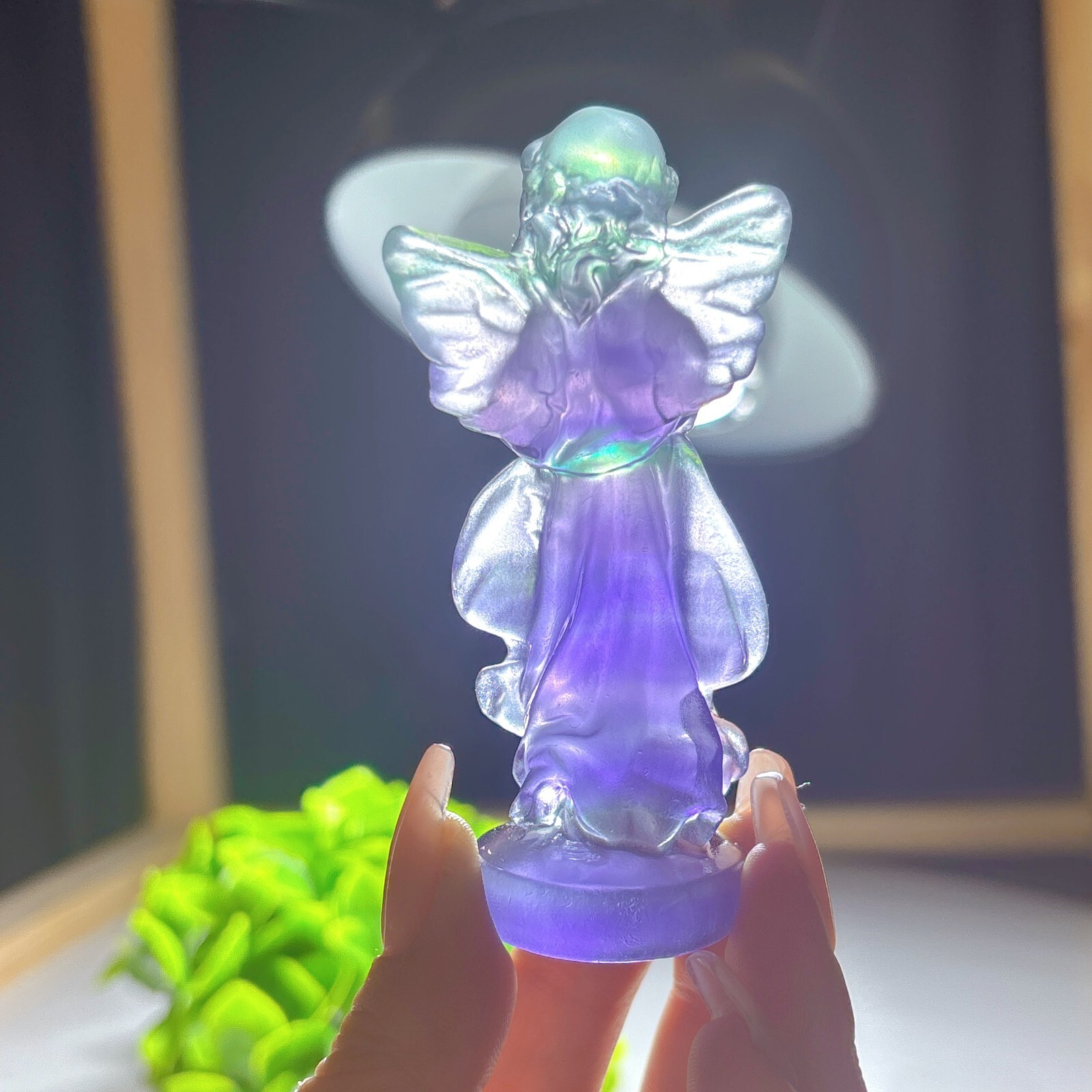 1PC Natural rainbow fluorite carving angel quartz crystal healing gift