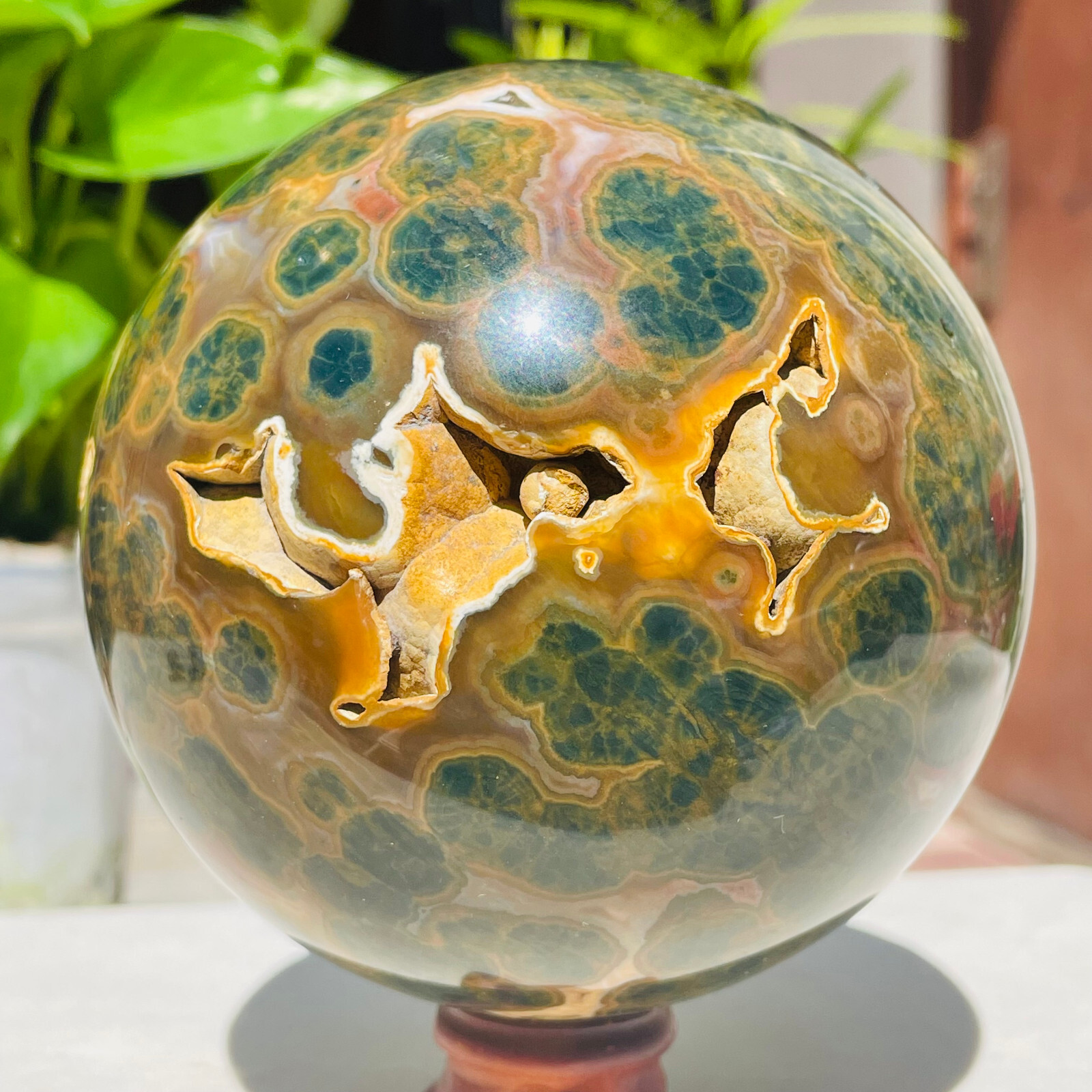 3.31LB Natural Yellow Green Ocean Jasper Quartz Crystal Sphere Geode Specimen