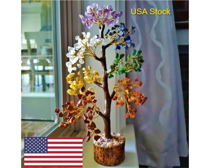 Large 7 Chakra Crystal Gemstone Bonsai Money Tree Good Luck CHRISTMAS TEE Gift