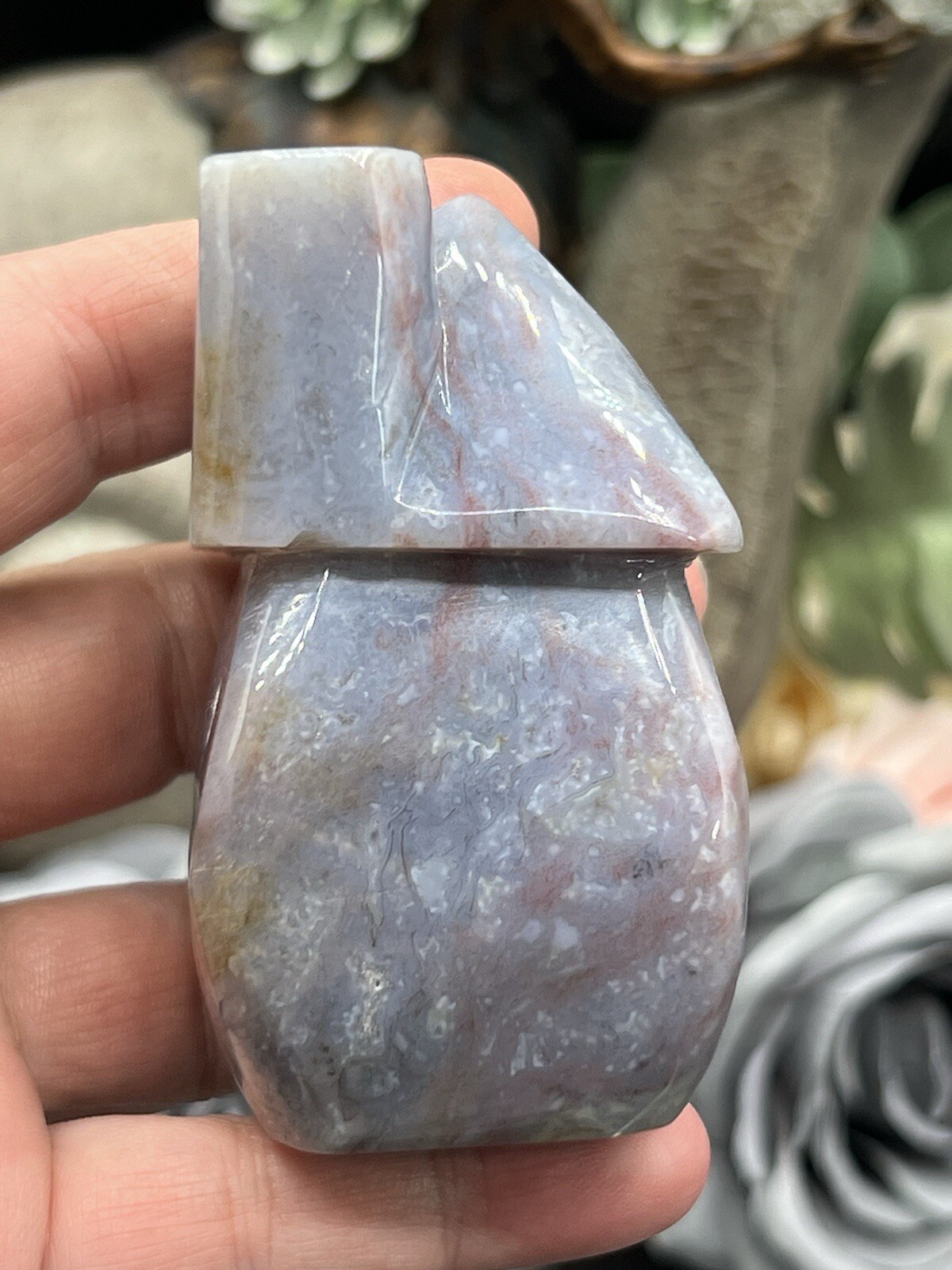 Natural Moss Agate Purple Moss Carved Fairy House druzy Free ship & Gift