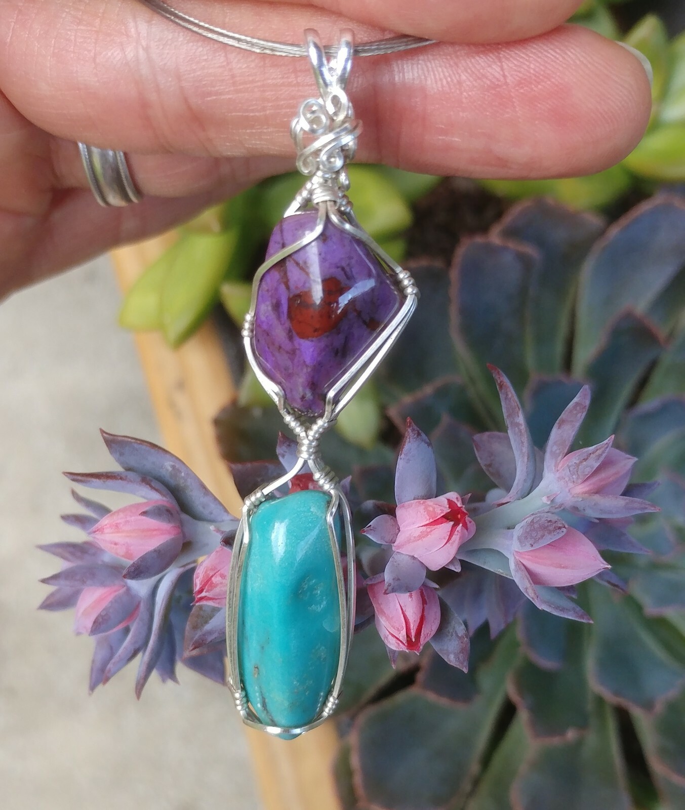 Sugilite & Kingman Turquoise Handmade Sterling Silver Wire Chakra Reiki Pendant