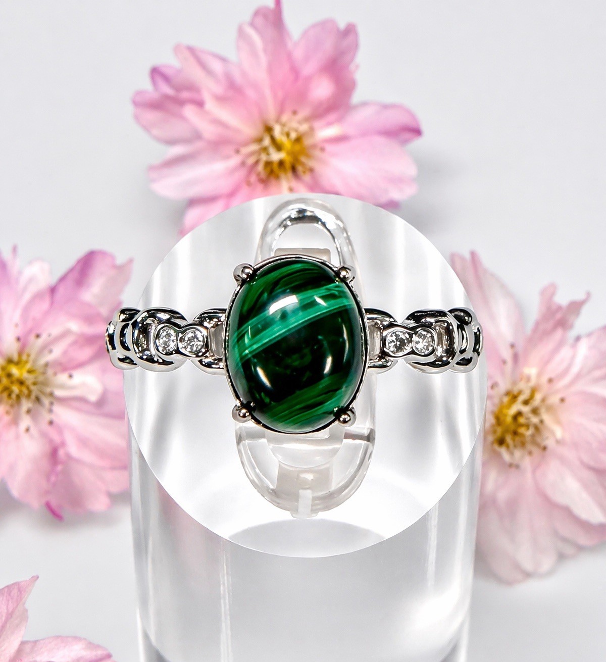 Wholesale 7 Pcs Natural Malachite Stainless Steel(316) Rings Crystal 8x10mm