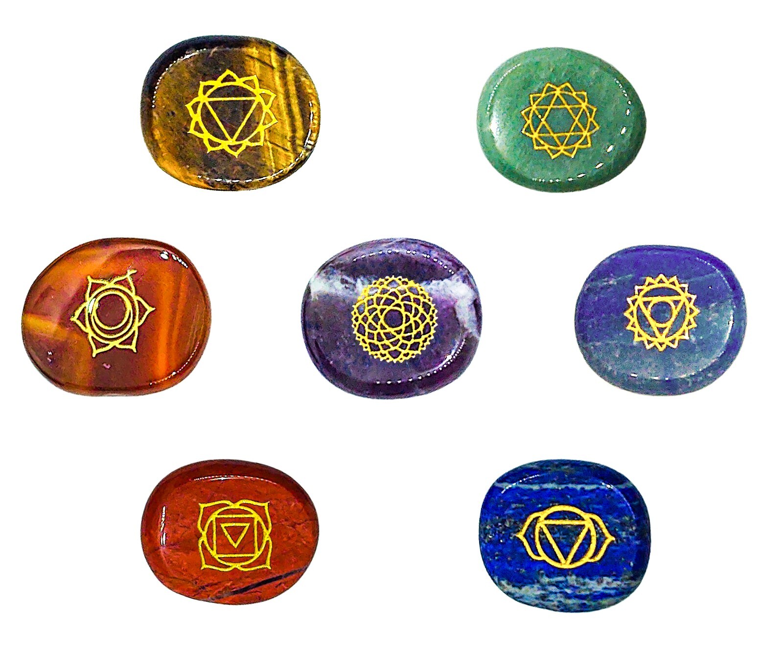 Chakra Stones, Engraved Symbols – Reiki Healing – Polished Stones, Chakra Chart