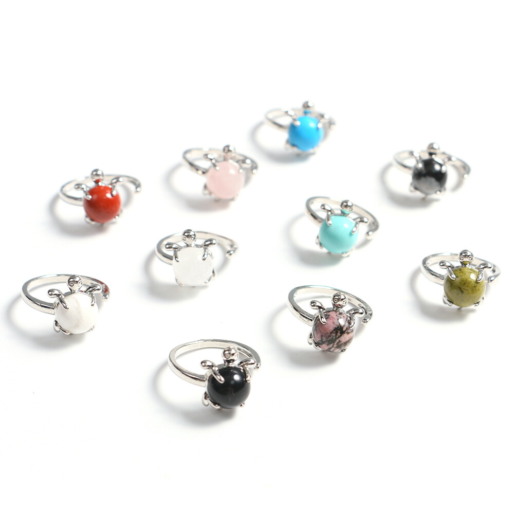 Mini Turtle Ring Natural Crystal Stone Chakra Quartz Round Bead Healing Reiki