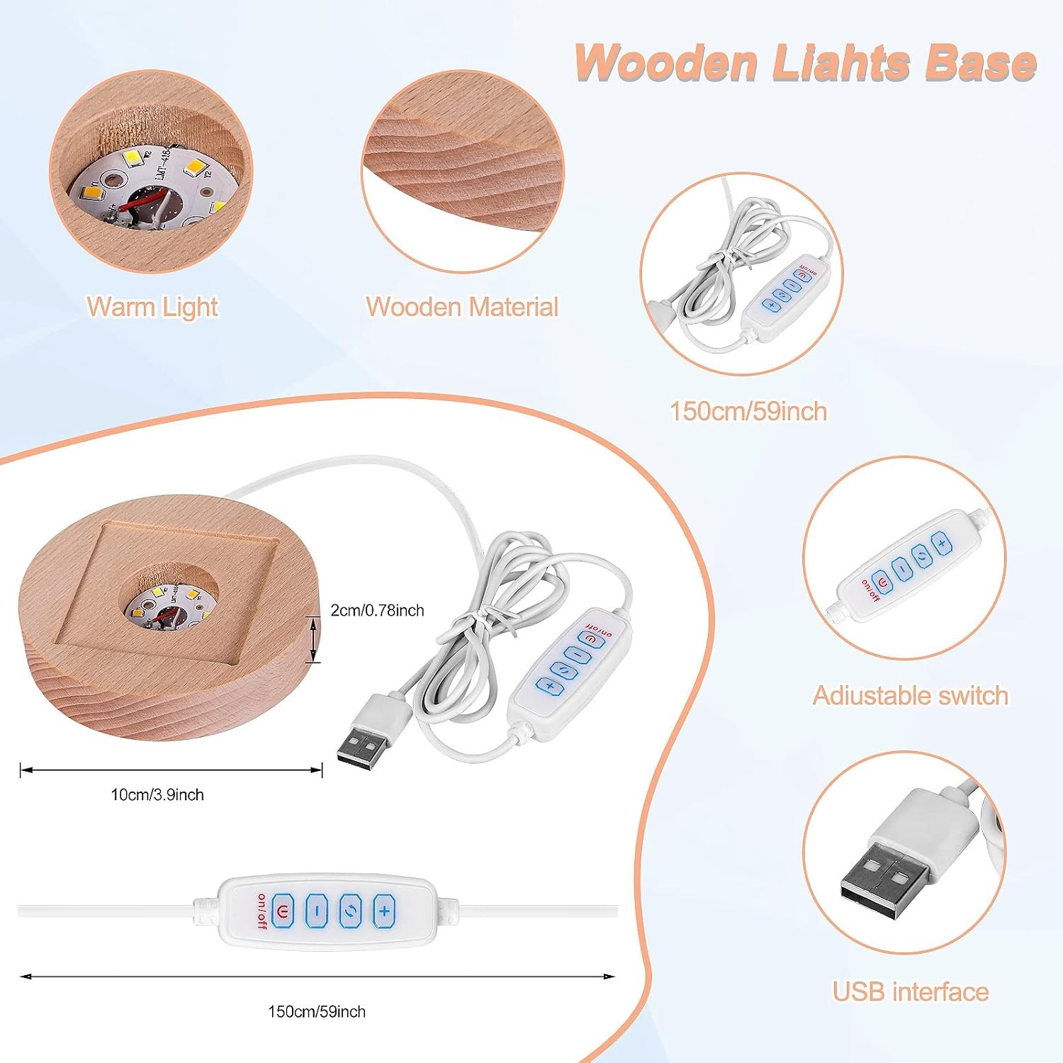 LED Light Base for Orgone Pyramid, 3 Color LED Adjustable Switch Wooden Base Lig