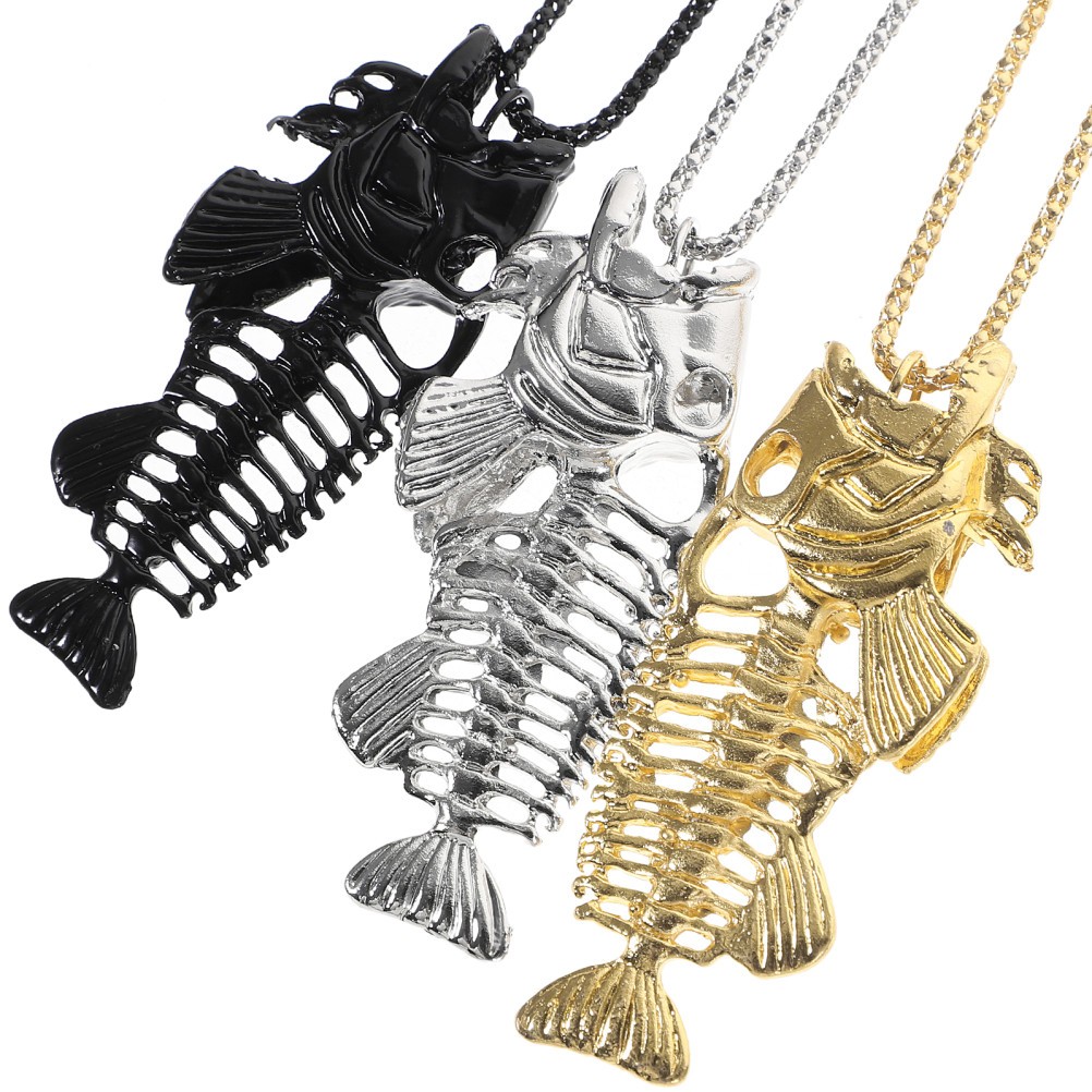 3Pcs Reusable Fish Bone Necklace Alloy Fishing Hook Stainless Steel Chain
