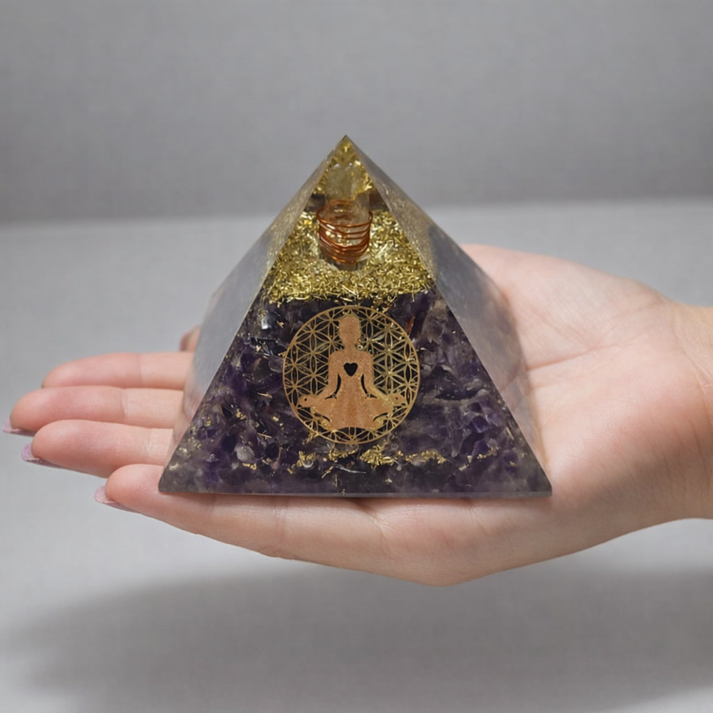Purple Amethyst Crystal Pyramid – Handmade Orgone Meditation Energy Generator,
