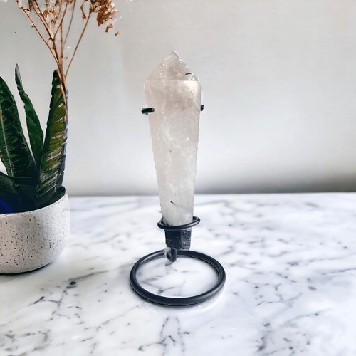 Black Rutilated Quartz Healing Wand with Display Stand | Modern Crystal Decor