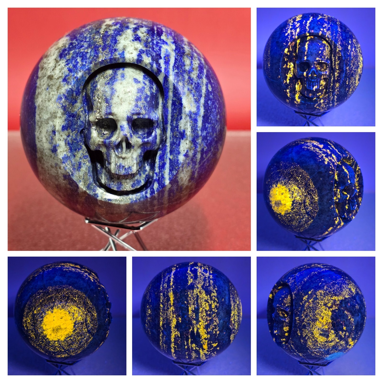 Rare Big UV Lapis Lazuli Crystal Skull Sphere Hand Carved Polished Gemstone 1+LB