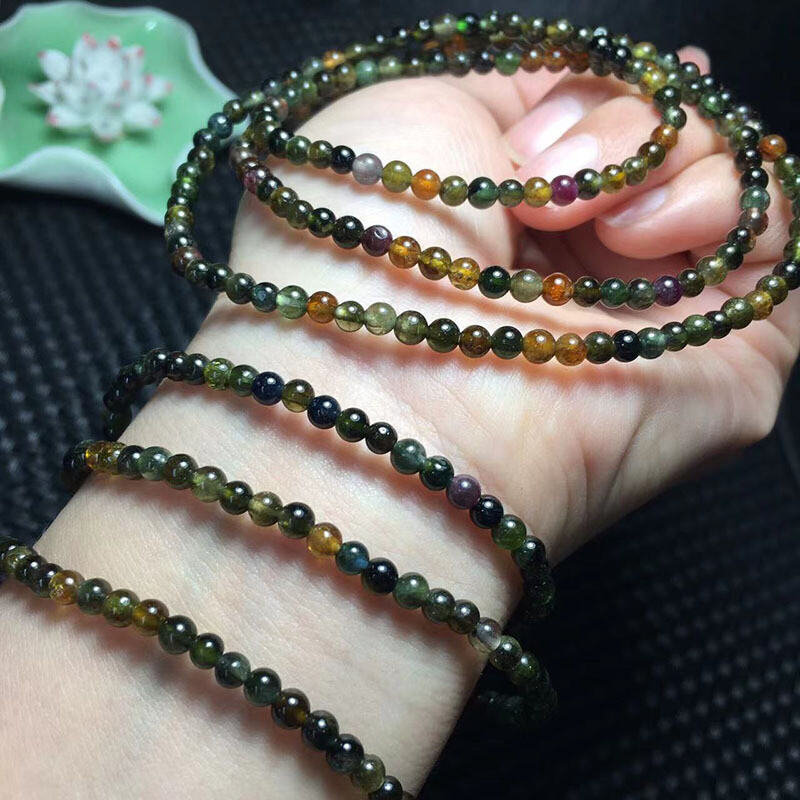 Genuine Natural Multi-Color Tourmaline hair Crystal Beads Bracelet AAA 4-3mm