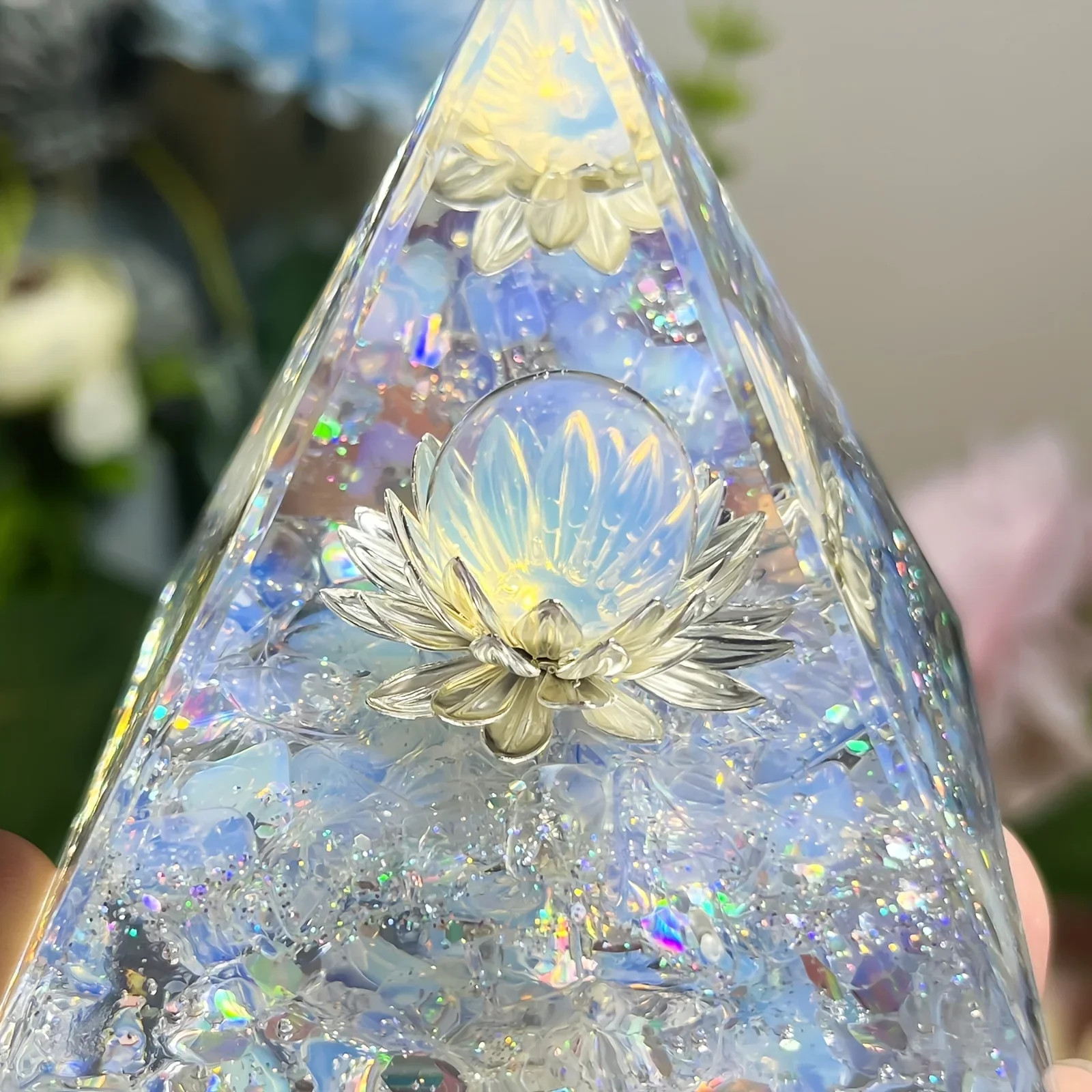 White Lotus Opal Orgone Pyramid Life Flower Energy Decor Home Piece