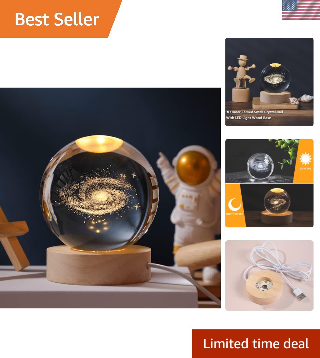 Engraved 3D Galaxy Globe Crystal Ball with LED – Space Decor for All Occasions