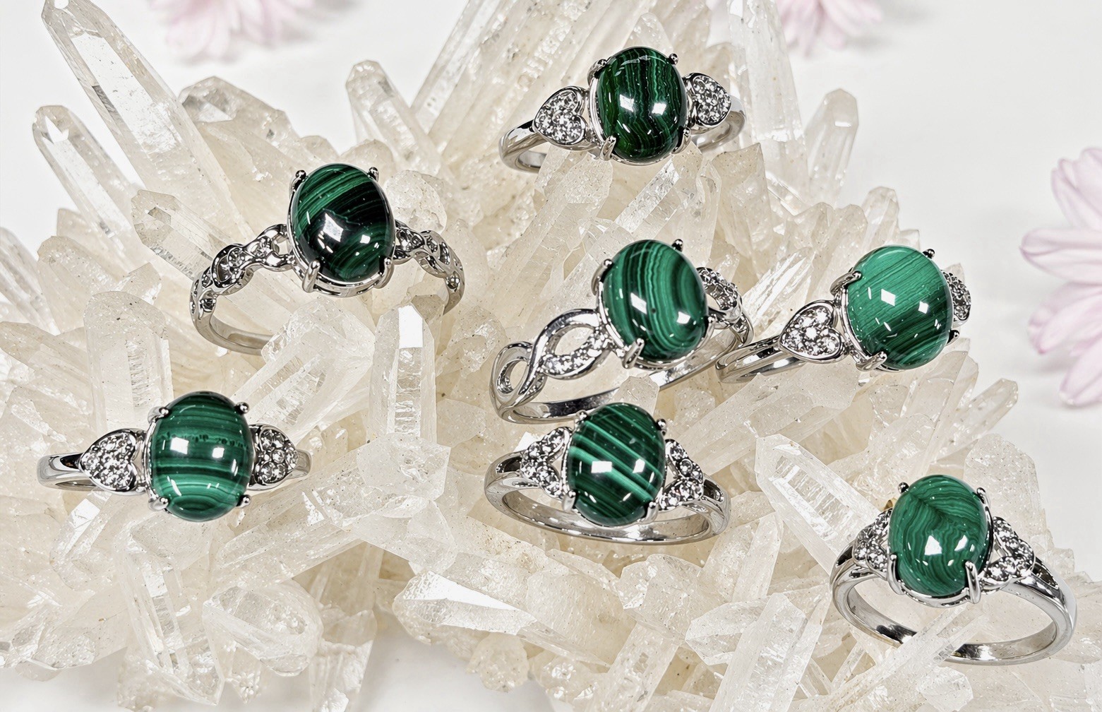 Wholesale 7 Pcs Natural Malachite Stainless Steel(316) Rings Crystal 8x10mm