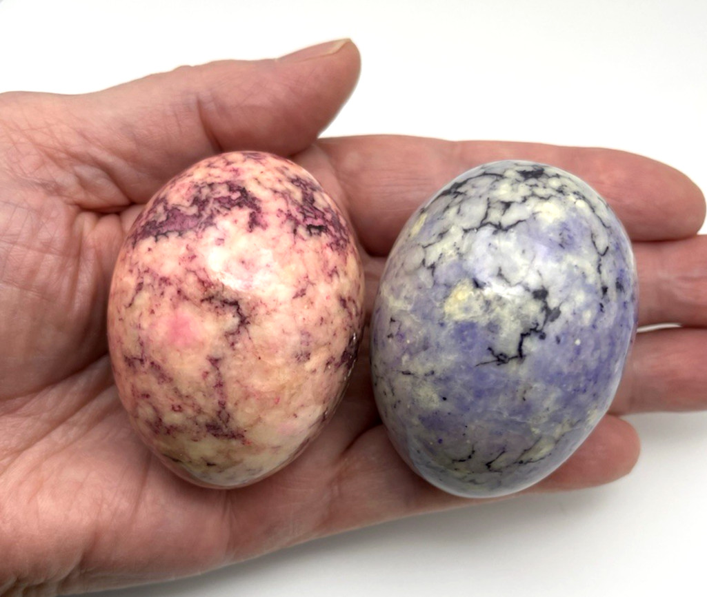 2 Natural Solid Veined Crystal Egg Polished Gemstone 222g Pink Red Purple Gray