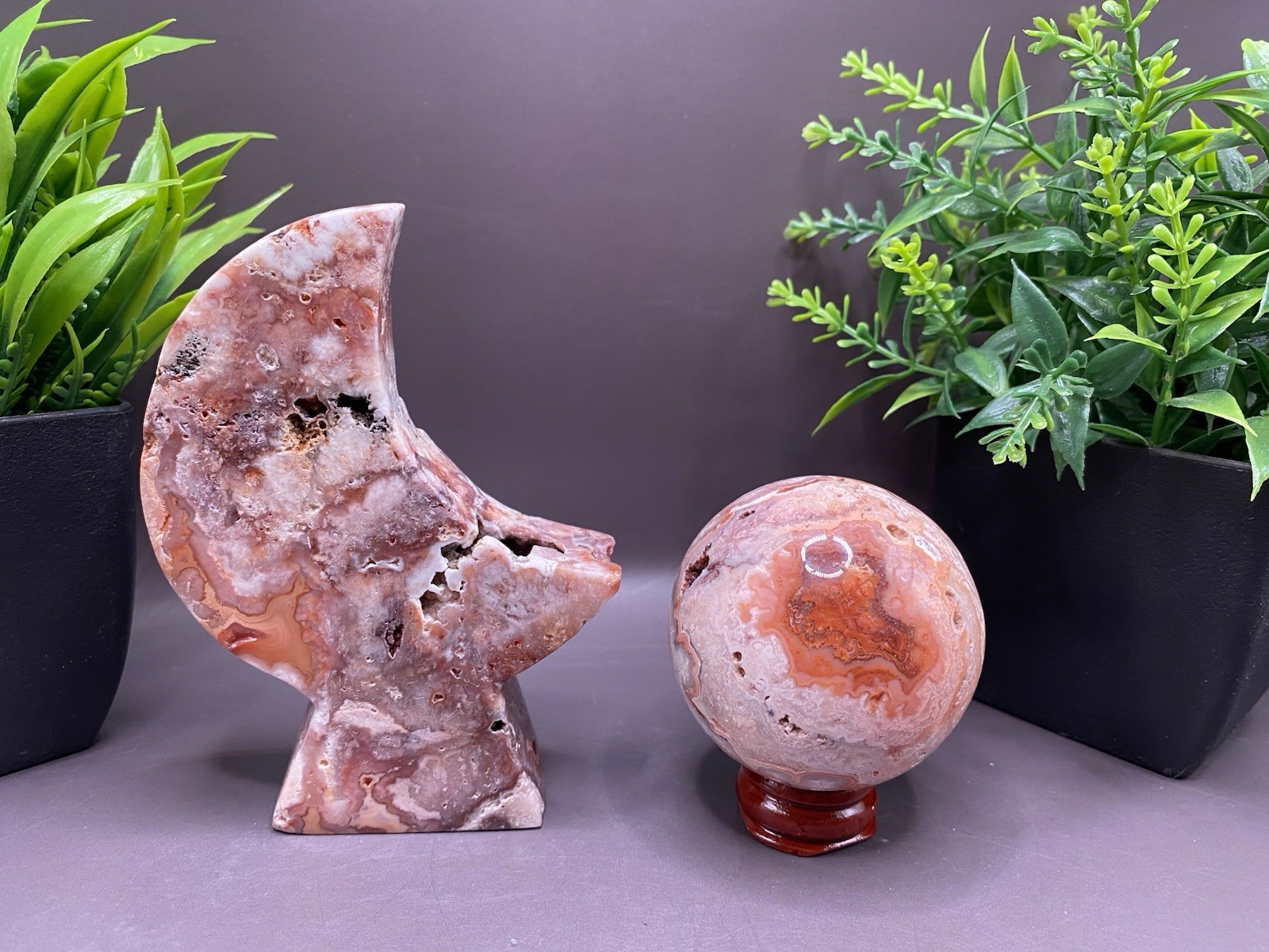 Druzy Mexican Crazy Lace Agate Hand Carved Moon 224g 4.2” & Sphere 187g 53mm