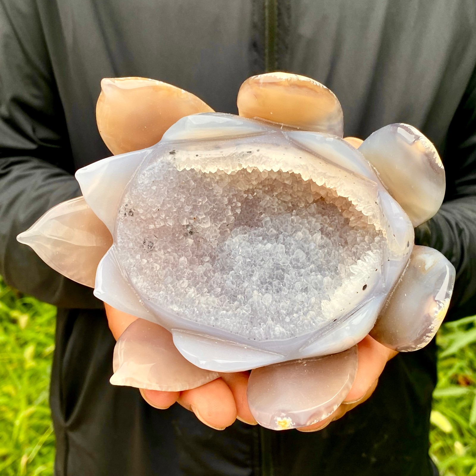 1.5LB Natural Banded Agate Hand-Carved Lotus Pendant Healing Crystal Ornament