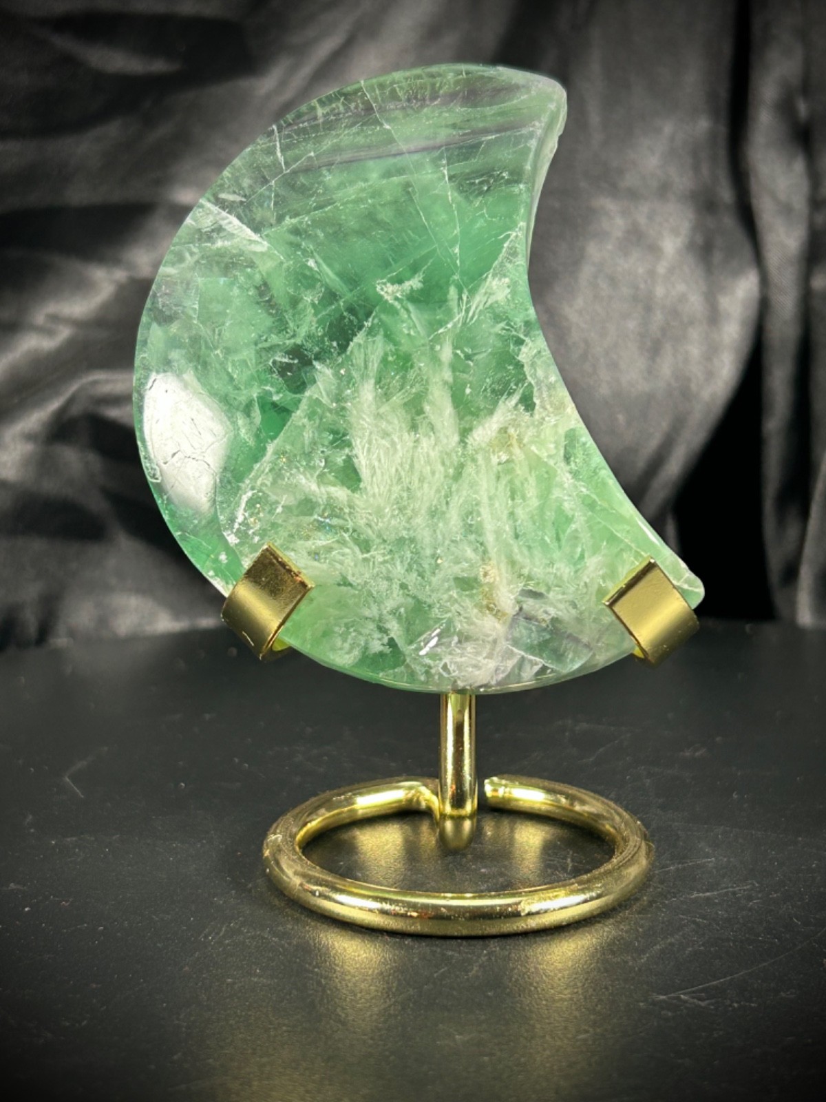 3.3″ Adorable Feather Fluorite Moon With Metal Stand 6.7oz (191 grams)